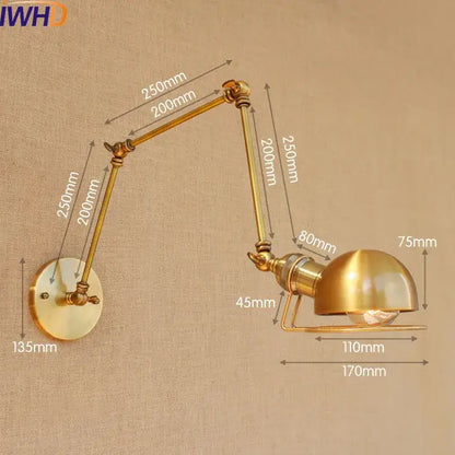 Brass-finished industrial led wall lamp with adjustable swing arm and dome-shaped shade for bedroom reading light