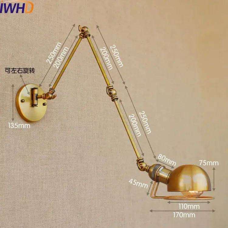 Industrial brass swing arm led wall lamp with adjustable articulated arms and dome-shaped shade for bedroom reading light