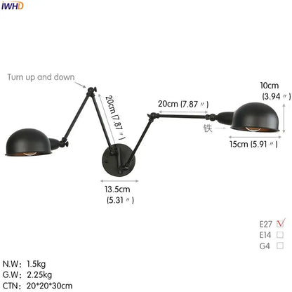 Black matte finished industrial swing arm wall sconce with two adjustable dome shades for bedroom reading decorbites industrial swing