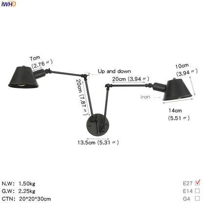 Black matte finished iron wall sconce with dual articulated arms and conical shades for decorbites industrial swing arm lighting