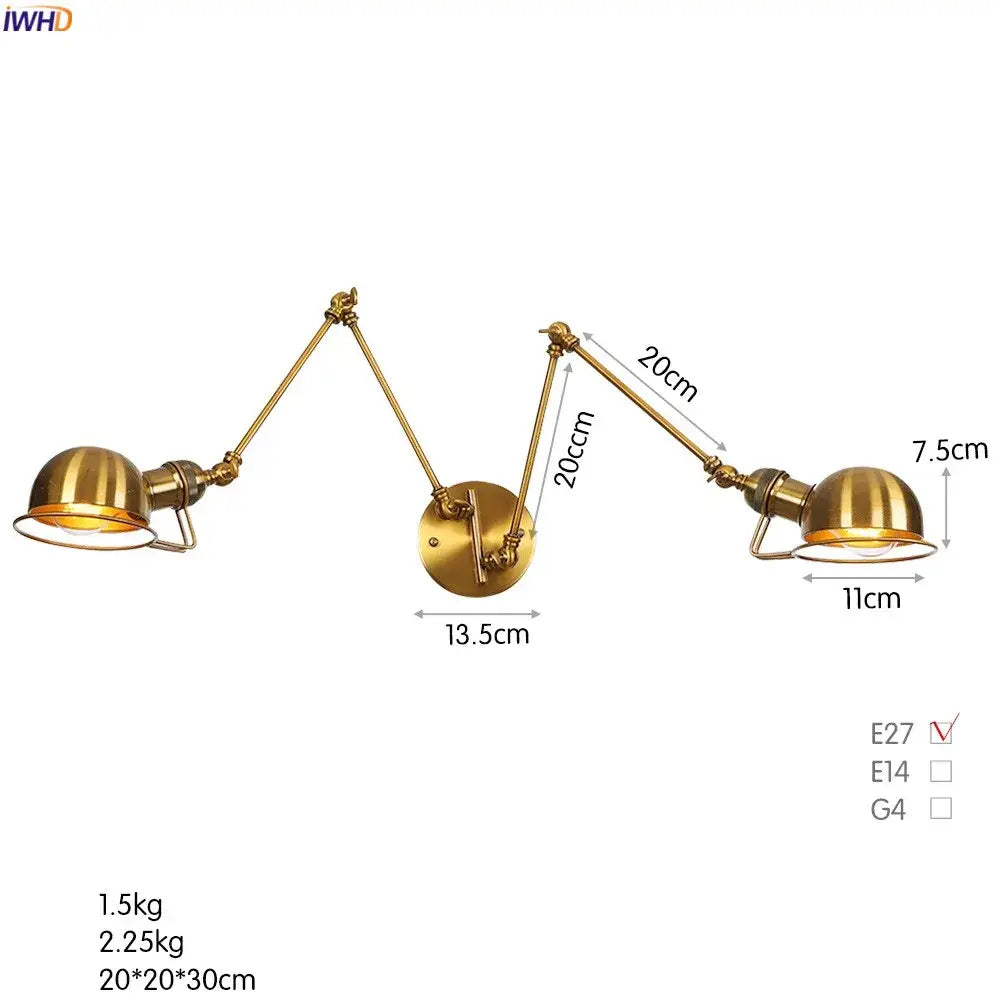Brass-finished industrial swing arm wall sconce with two articulated arms and dome-shaped shades for bedroom reading