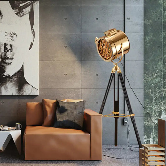 Golden brass-finished decorbites™ industrial-style floor lamp with tripod base metal shade compatible with led incandescent fluorescent 220v-240v 110v-120v