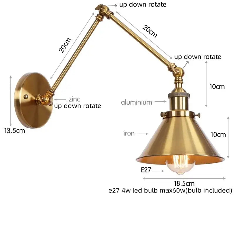 Brass-finished industrial wall sconce with conical shade articulated arm and pull chain switch for bedroom lighting