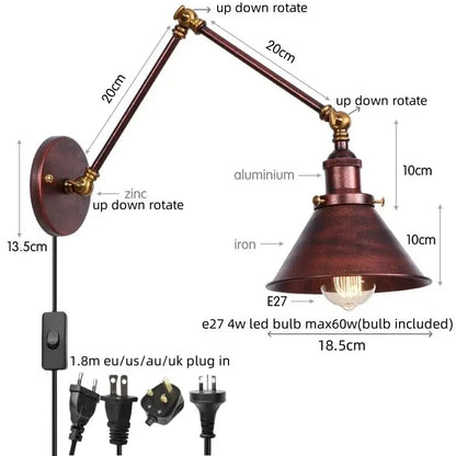 Industrial brass wall sconce with pull chain switch, dark bronze finish, zinc and aluminum articulated arms, bedroom lamp