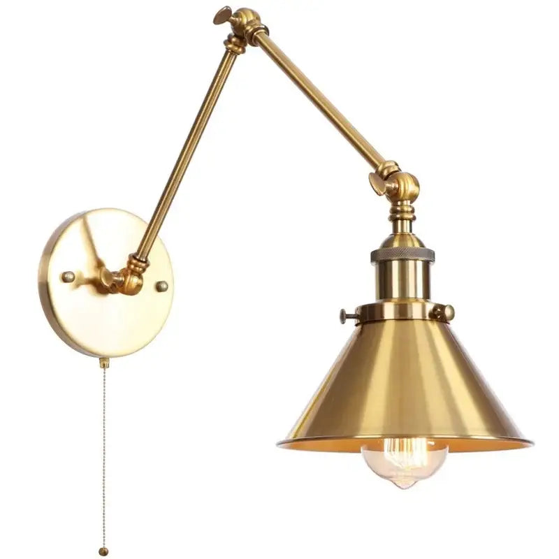 Industrial brass wall sconce with conical shade and pull chain switch for bedroom lighting with adjustable arm