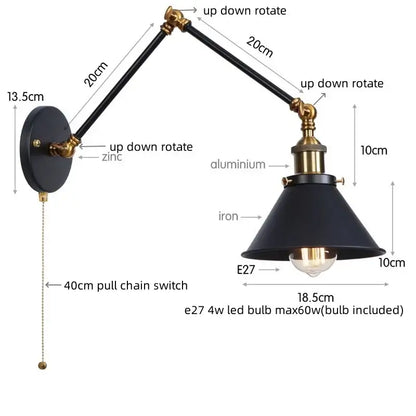 Black industrial brass wall sconce with adjustable arms and pull chain switch for bedroom lighting