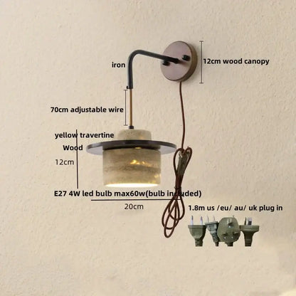 Industrial bronze and beige decorbites led wall light fixture with rustic iron arm and yellow travertine wooden base