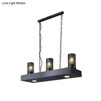 Black industrial hanging ceiling light with three cylinder metal shades and e26 e27 smd bulbs on rectangular base