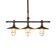 DecorBites metal 3-light linear pendant with coastal caged design and dark bronze pipe accents for island lighting