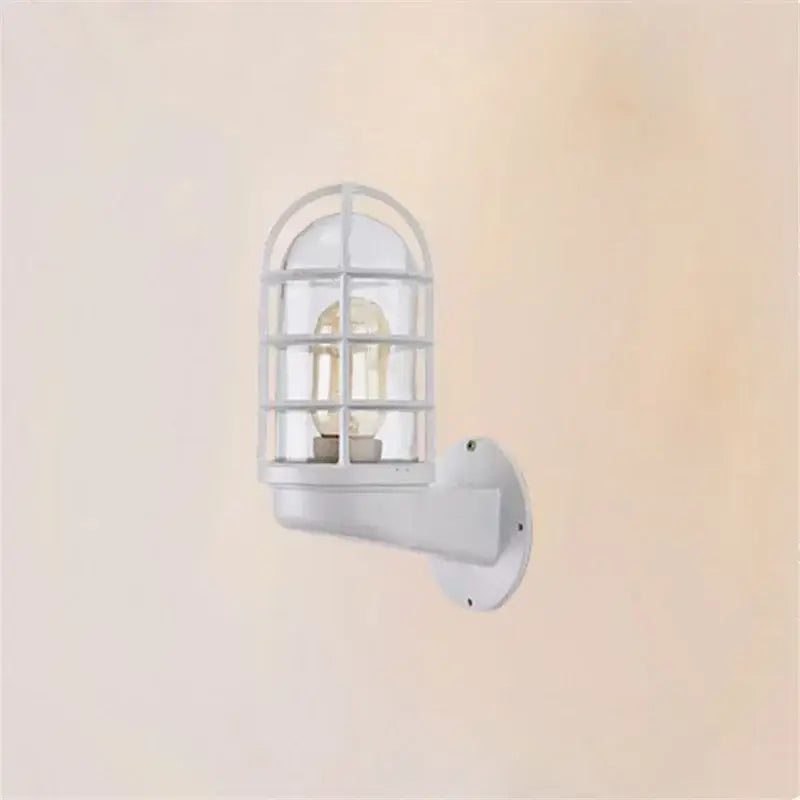 White metal wall sconce with iron cage guard and clear glass cover for industrial bronze iron cage decorbites bedroom light