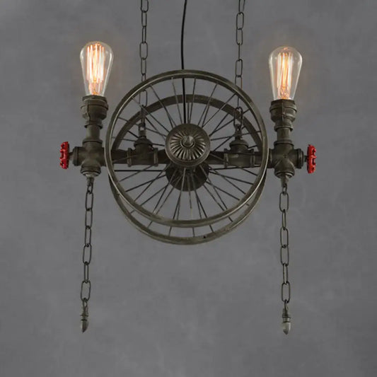 Decorbites farmhouse style bronze island light featuring an industrial wheel design with vintage led incandescent bulbs