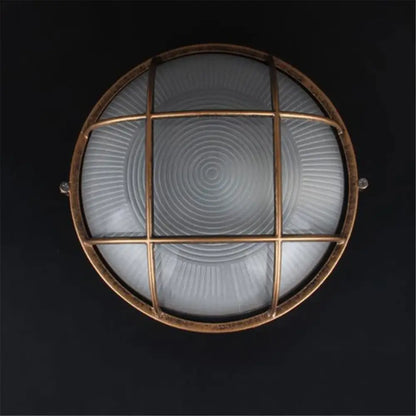 Copper finished industrial bronze metal cage outdoor ceiling lamp with frosted glass diffuser and protective grid cage