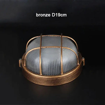 Bronze industrial outdoor ceiling lamp with ribbed frosted glass dome and protective metal cage for yard lighting