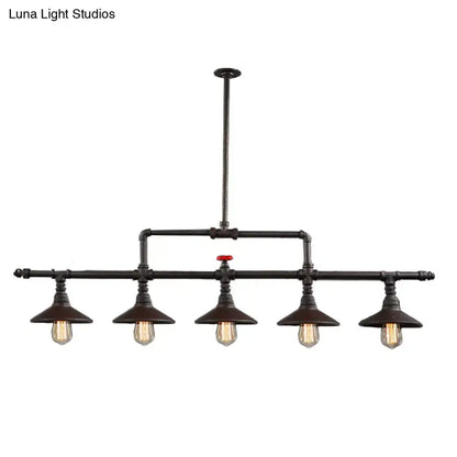 Industrial bronze pipe island light dining room pendant with five exposed filament bulbs and black pipe chandelier design