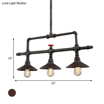 Industrial bronze pipe island light with five black pipe bulbs and red valve accent for dining room pendant lighting