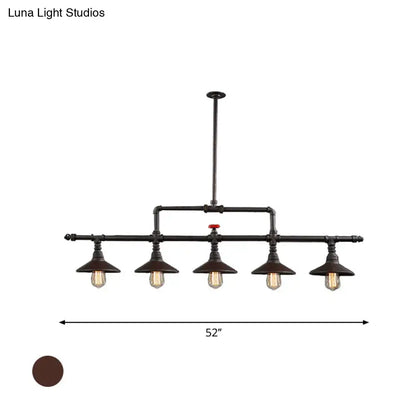 Industrial bronze pipe island light dining room five bulb pendant featuring black pipes and a central red valve