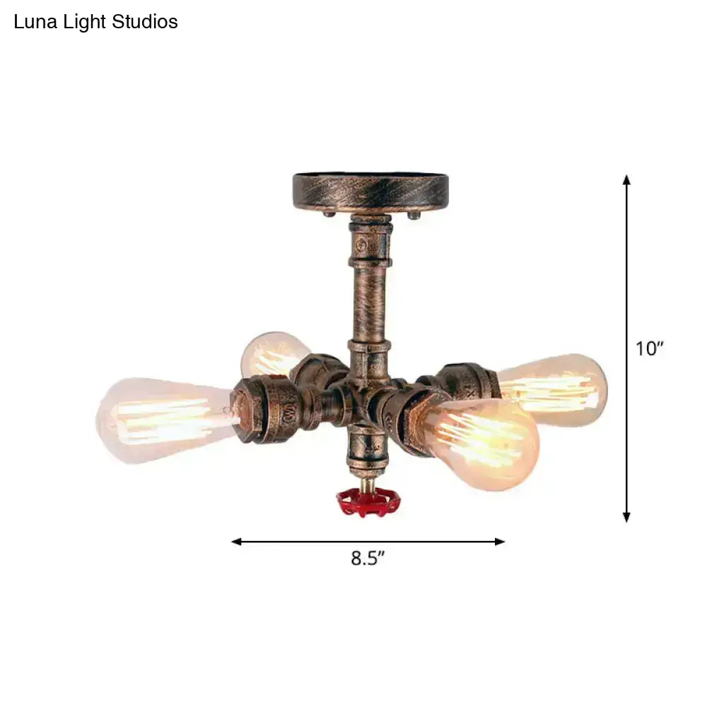 Industrial bronze semi flush foyer light with decorative valve bulb base featuring four exposed filament bulbs and brass finish