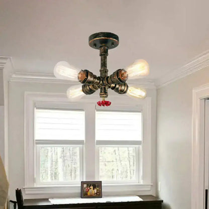 Industrial bronze semi flush foyer light with dark rustic metal frame and five decorative valve bulb base edison bulbs