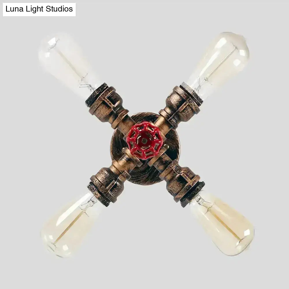 Industrial bronze semi flush foyer light with brass piping, decorative valve bulb base, and four vintage edison bulbs