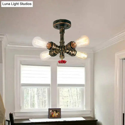 Industrial bronze semi flush foyer light with decorative valve bulb base featuring dark bronze pipe and four edison bulbs