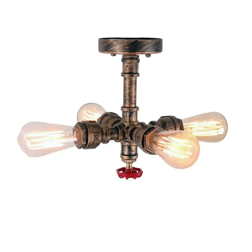 Industrial bronze water pipe ceiling light fixture with four exposed filament bulbs for living room lighting