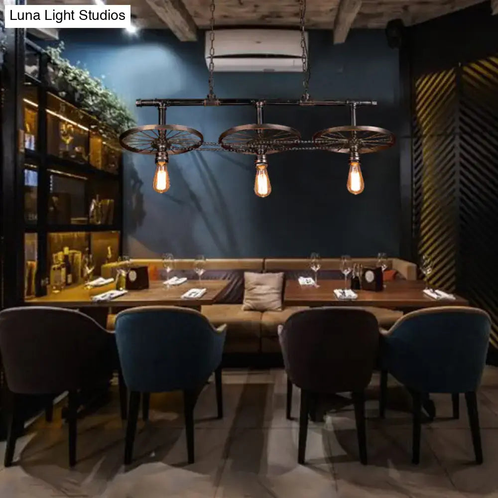 DecorBites metallic island pendant light in bronze with three vintage bicycle wheels and industrial bare bulb design 220v-240v