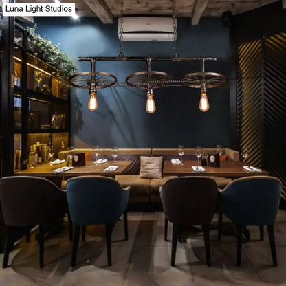 DecorBites metallic island pendant light in bronze with three vintage bicycle wheels and industrial bare bulb design 220v-240v