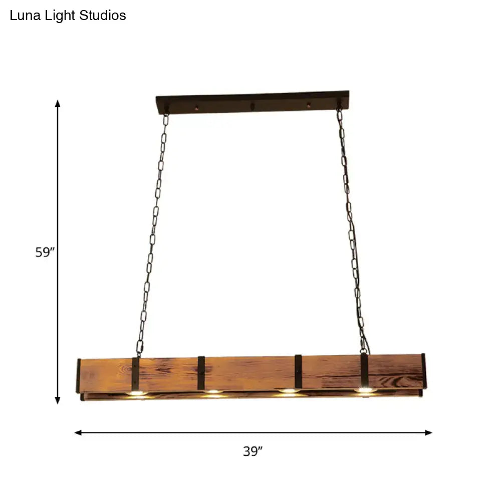 Rustic brown rectangular wooden island ceiling light with black metal accents and chains for kitchen use