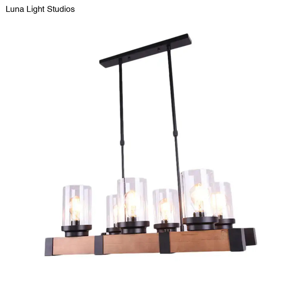 Industrial brown island lighting with clear glass cylinder shades 5-light rustic wooden base black metal frame 220v-240v 110v-120v