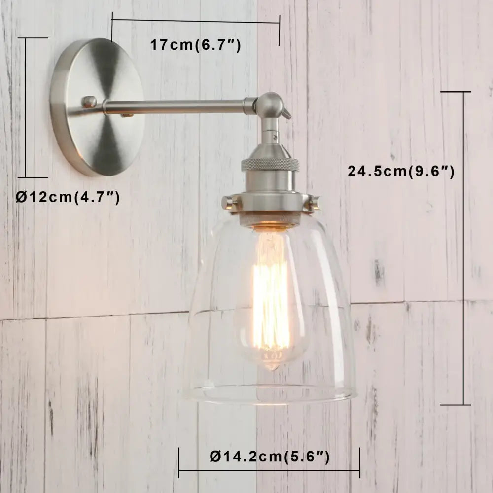 Industrial brushed nickel wall lamp with clear glass shade and exposed Edison bulb for decorbites clear glass bedroom sconce