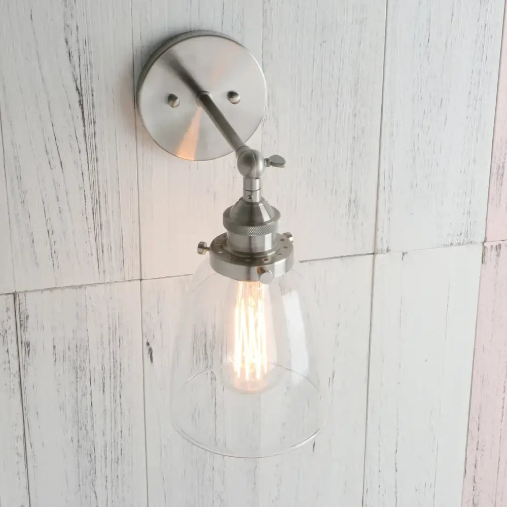 Stylish industrial brushed nickel wall lamp with clear glass dome and exposed filament bulb for bedroom decorbites clear glass