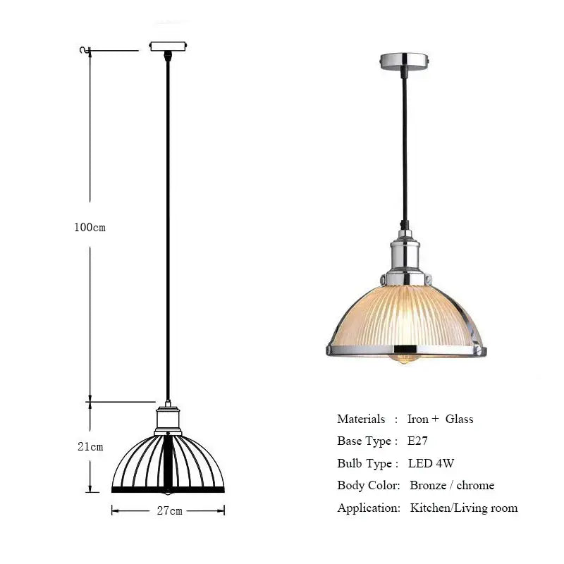 Industrial brushed nickel glass shade pendant light with bronze and chrome finish and ribbed glass shade for dining room