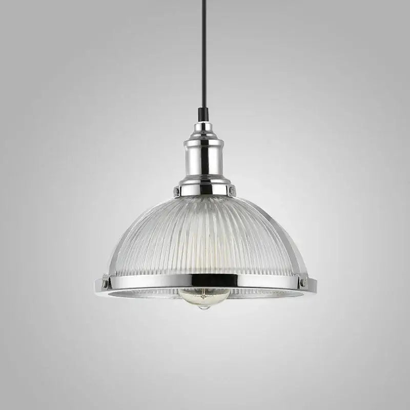Industrial pendant light with chrome finish ribbed glass shade and black cord ideal for dining room lighting