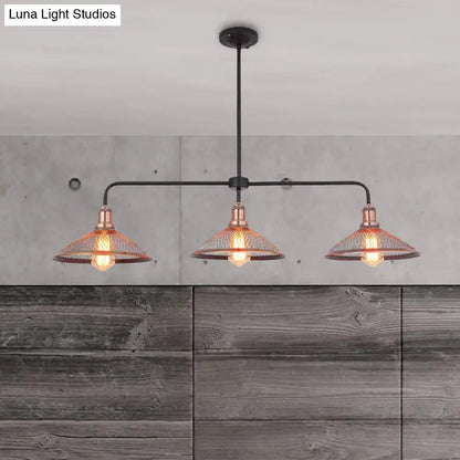 Decorbites cage flared island pendant light with black metal frame and copper antique bronze mesh shades for dining room