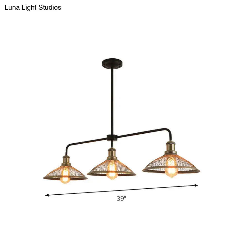 DecorBites™ cage flared island lighting industrial pendant with black metal frame and brass mesh shades for dining room