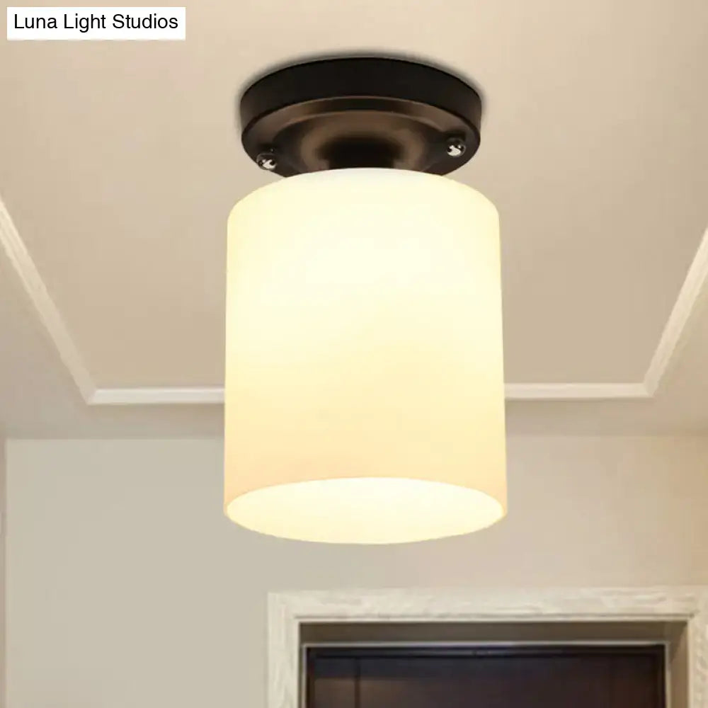 DecorBites™ black industrial milky glass semi flush light with cylindrical frosted glass and dark bronze base for corridor