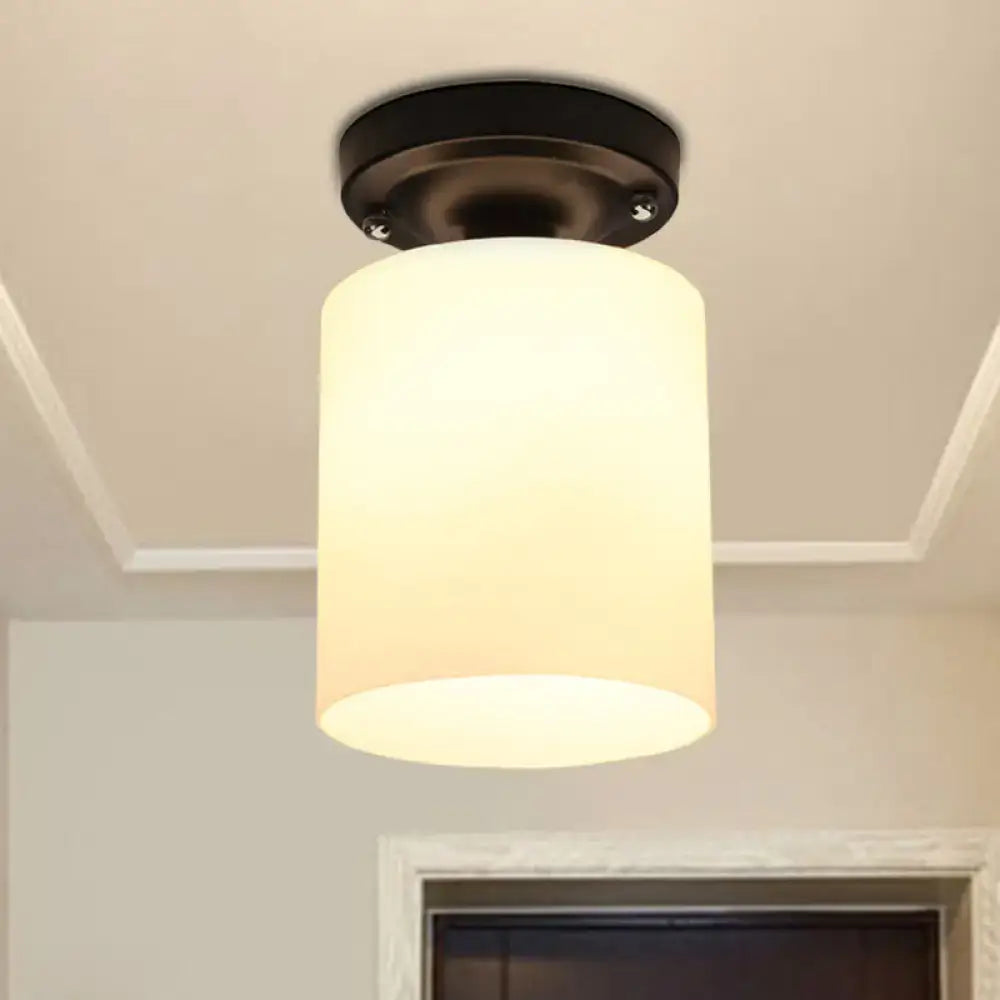 DecorBites black industrial milky glass semi flush light with cylindrical frosted shade for corridor ceiling mount
