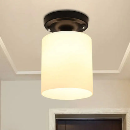 DecorBites black industrial milky glass semi flush light with cylindrical frosted shade for corridor ceiling mount