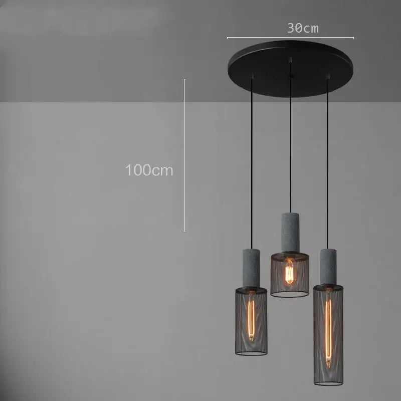 Industrial cement metal pendant light with black mount and three textured concrete mesh shades for dining room decorbites industrial cement
