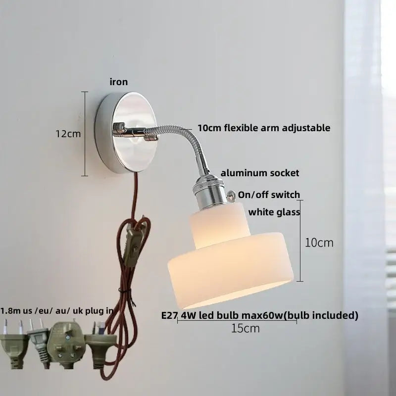 Adjustable industrial chrome led wall lamp sconce with tiered white glass shade and flexible 10cm arm for bedroom reading