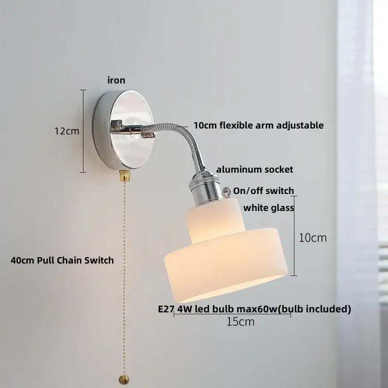 Industrial chrome flexible led wall lamp sconce with chrome iron base and two stacked white glass shades for bedroom reading