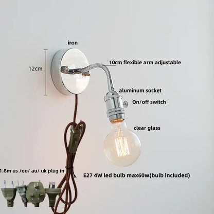 Chrome-finished industrial led wall lamp sconce with 10cm flexible arm, aluminum socket, and clear glass bulb for reading