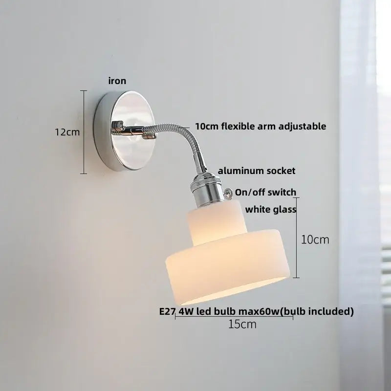 Industrial chrome flexible led wall lamp sconce with chrome iron base and two stacked white glass shades for reading light
