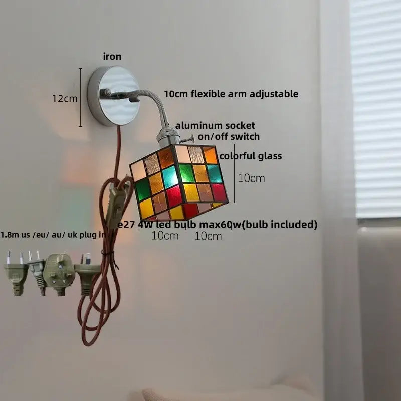 Industrial chrome led wall lamp sconce with colorful stained glass cube shade and flexible arm on iron base