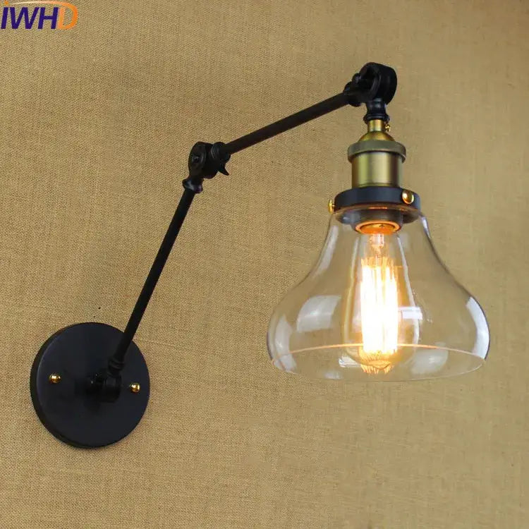 Industrial chrome glass swing arm wall lamp with black and brass decorbites glass swing clear bell-shaped shade