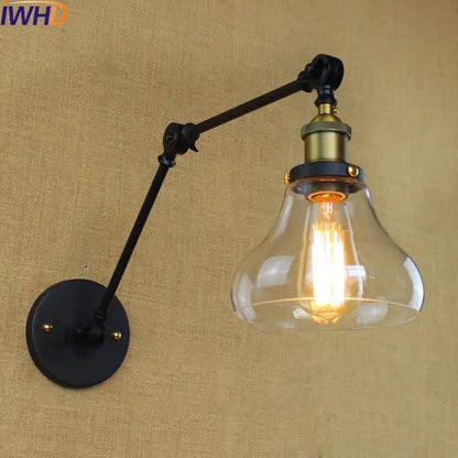 Industrial chrome glass swing arm wall lamp with black and brass decorbites glass swing clear bell-shaped shade