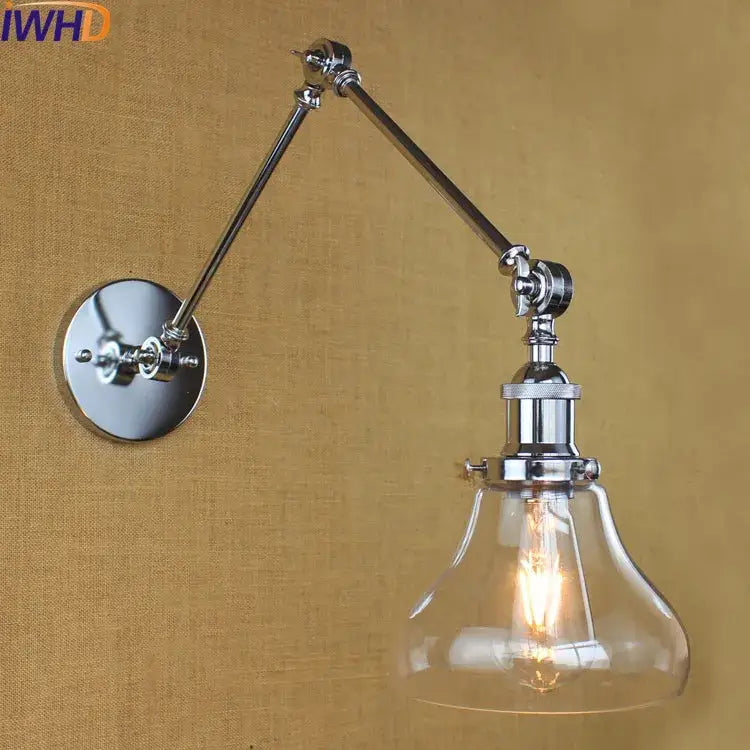 Industrial chrome glass swing wall lamp with adjustable swing arm and clear glass shade with exposed bulb for bedroom decorbites glass swing arm