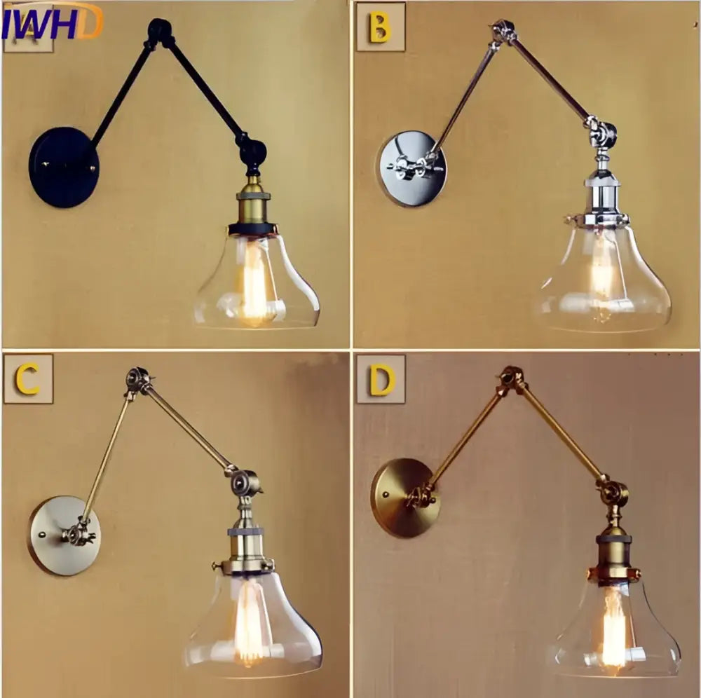 Industrial chrome glass swing arm wall lamp with clear glass shade and brass metal finish for bedroom decorbites glass swing