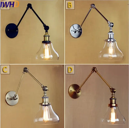 Industrial chrome glass swing arm wall lamp with clear glass shade and brass metal finish for bedroom decorbites glass swing
