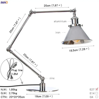 Industrial led table lamp with adjustable articulated aluminum and iron arms in polished chrome for bedroom decorbites industrial led